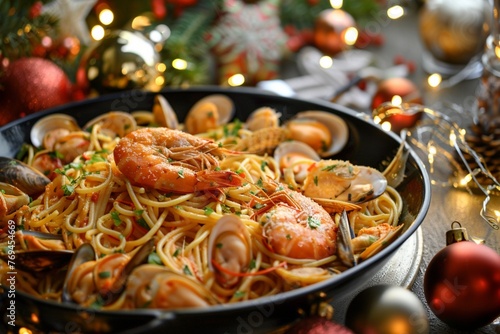 Pasta with seafood on a Christmas background. Feast of the Seven Fishes.