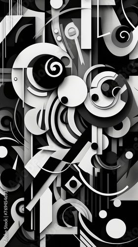 Monochrome abstract painting with circles and lines in black and white style