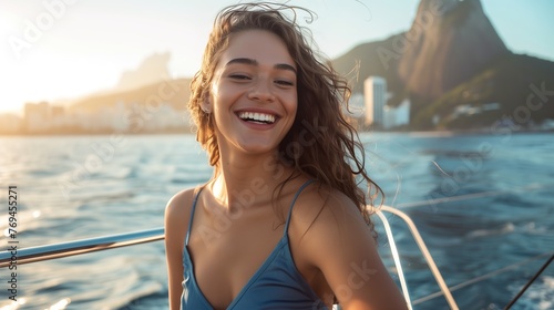 Woman Smiling on Boat in the Ocean