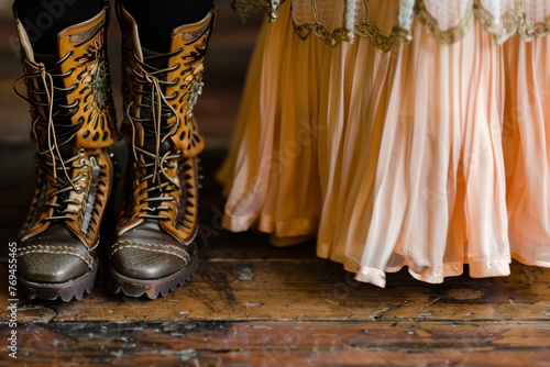 closeup of laceup boots beside a flapperstyle dress photo