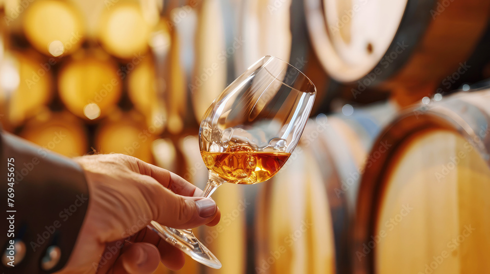 the hand of a male sommelier holds a tasting glass of whiskey against the background of oak barrels in a wine cellar close-up - obrazy, fototapety, plakaty 