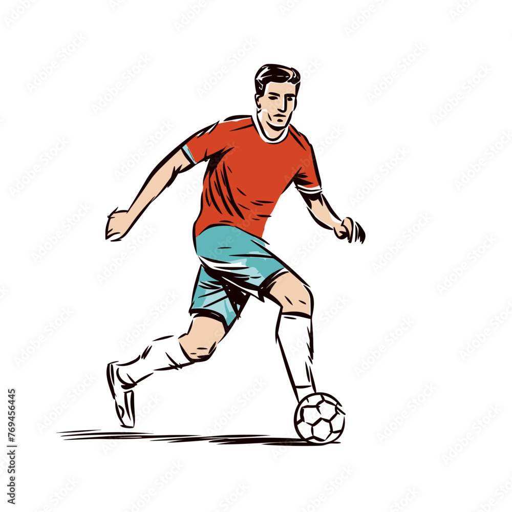 Soccer player hand-drawn comic illustration. Football player. Vector doodle style cartoon illustration