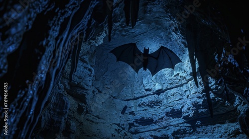 A bat hangs upside down from the ceiling of a dark cave, its wings wrapped around its body photo