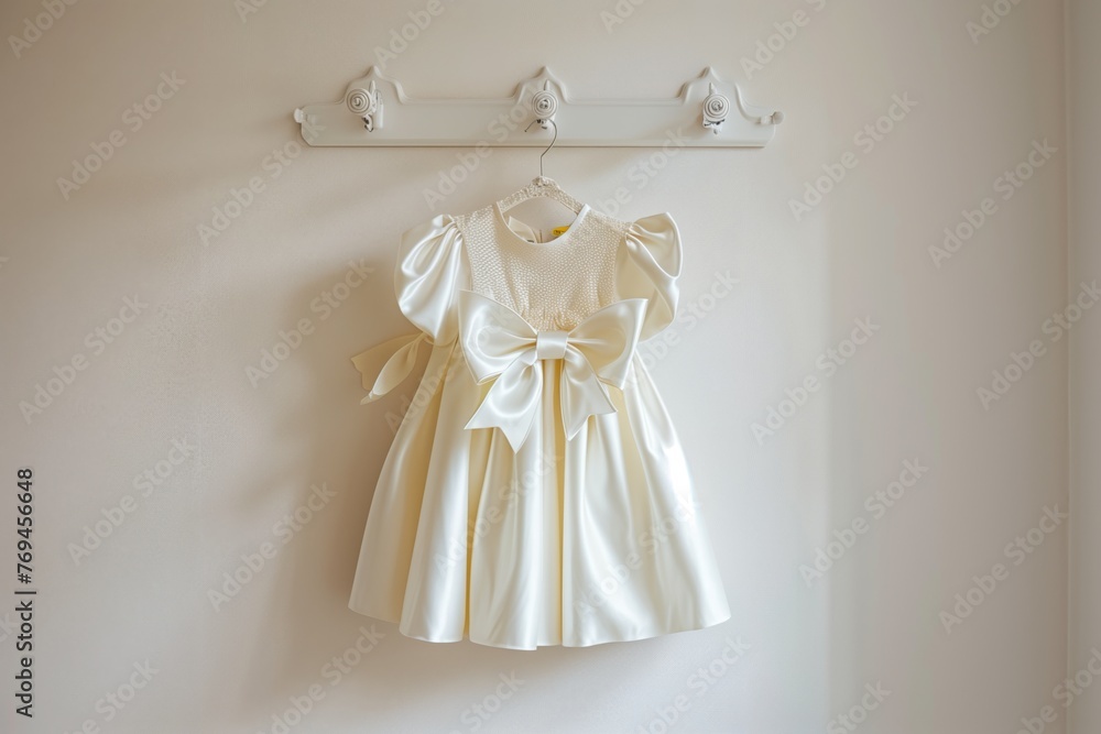 crisp ivory dress with a bow hung on a wallmounted rack crisp ivory dress with a bow hung on a wallmounted rack