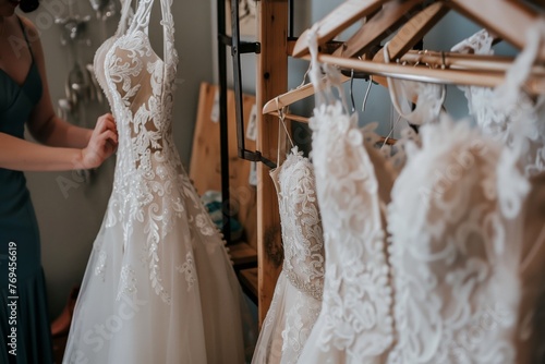 person adjusting a dress on a wooden rack in a bridal shop