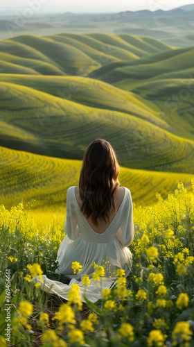 A woman in a white dress enjoying the natural landscape while sitting in a meadow of beautiful yellow flowers, surrounded by lush green grass