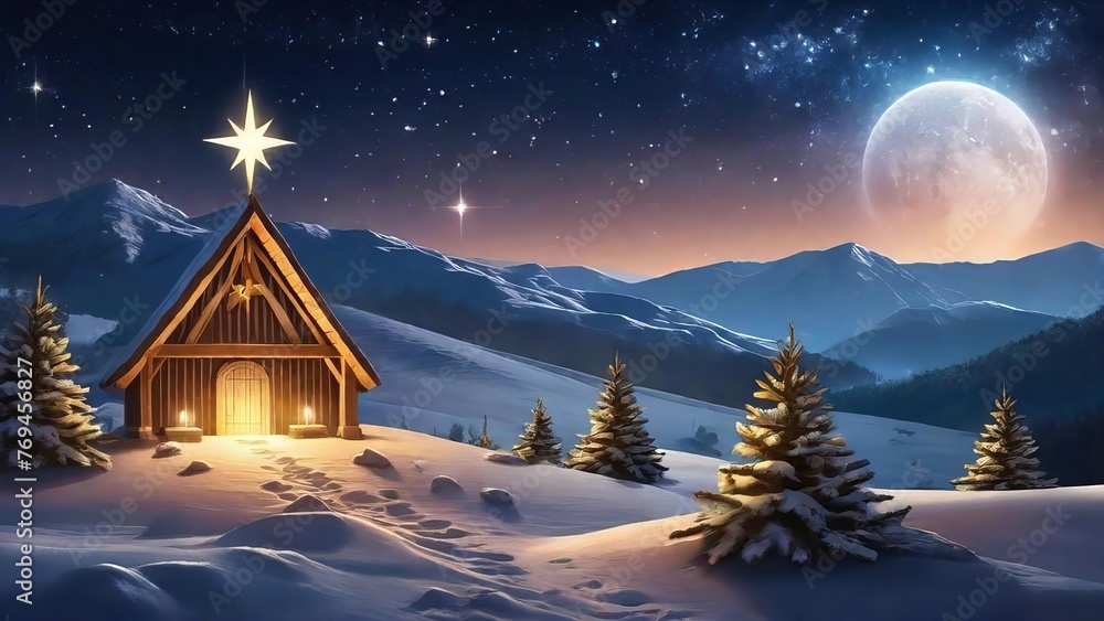 A small cabin is lit up with Christmas star on top