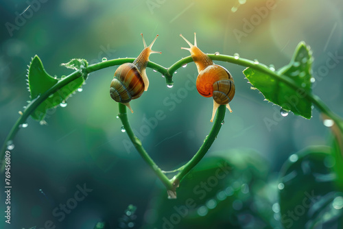 A macro photo of two snails on the curved leaves of a fern, forming a heart shape photo