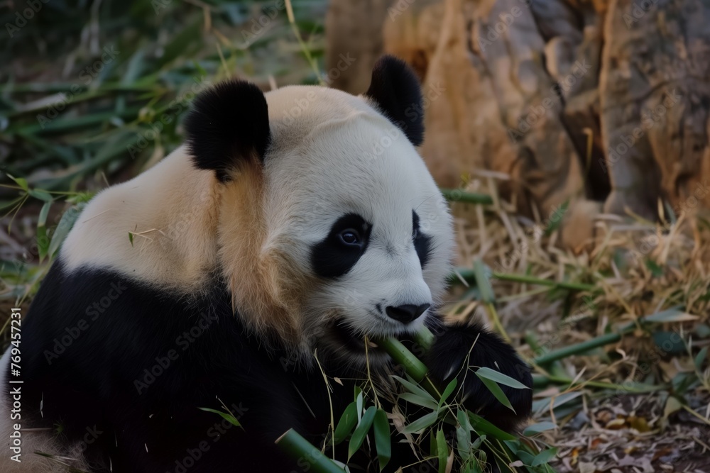 Fototapeta premium panda munching bamboo, dusk light softening edges