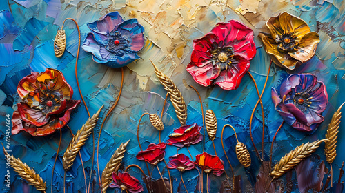 Abstract background with beautiful flowers and a wheat field, oil painting in the style of palette knife, impasto, 3D effect, orange, blue, white, and golden colors, ultra detailed