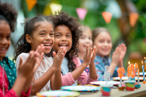 happy diverse children clapping at birthday party