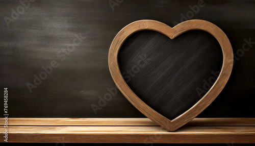 Blank blackboard with wooden frame in the shape of a heart, on top of a wooden shelf with copy space. Valentine's Day template. Generative Ai.