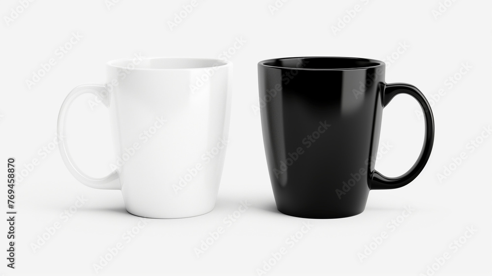 White and black mug mockup set isolated, front view, white background White and black mug mockup set isolated, front view, white background