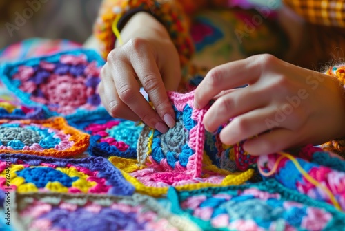 lady crocheting colorful granny squares for a quilt © primopiano