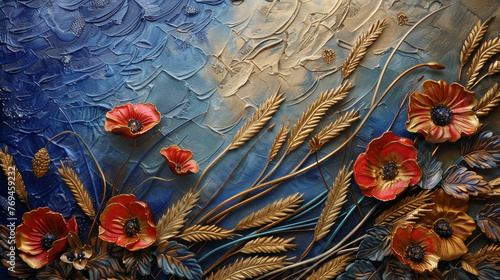 Abstract background with beautiful flowers and a wheat field, oil painting in the style of palette knife, impasto, 3D effect, orange, blue, white, and golden colors, ultra detailed
