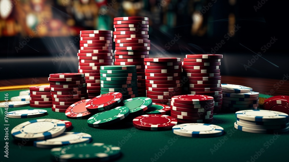Poker Chips on a gaming table with dramatic lighting Poker Chips on a gaming table with dramatic lighting