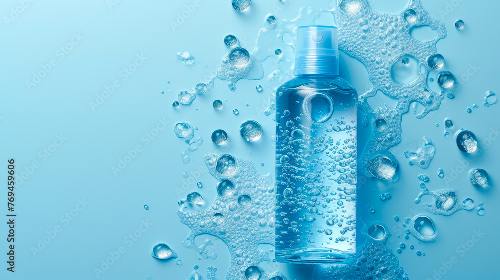 Effortless Elegance: Micellar Water Bottle on Soft Azure Effortless Elegance: Micellar Water Bottle on Soft Azure
