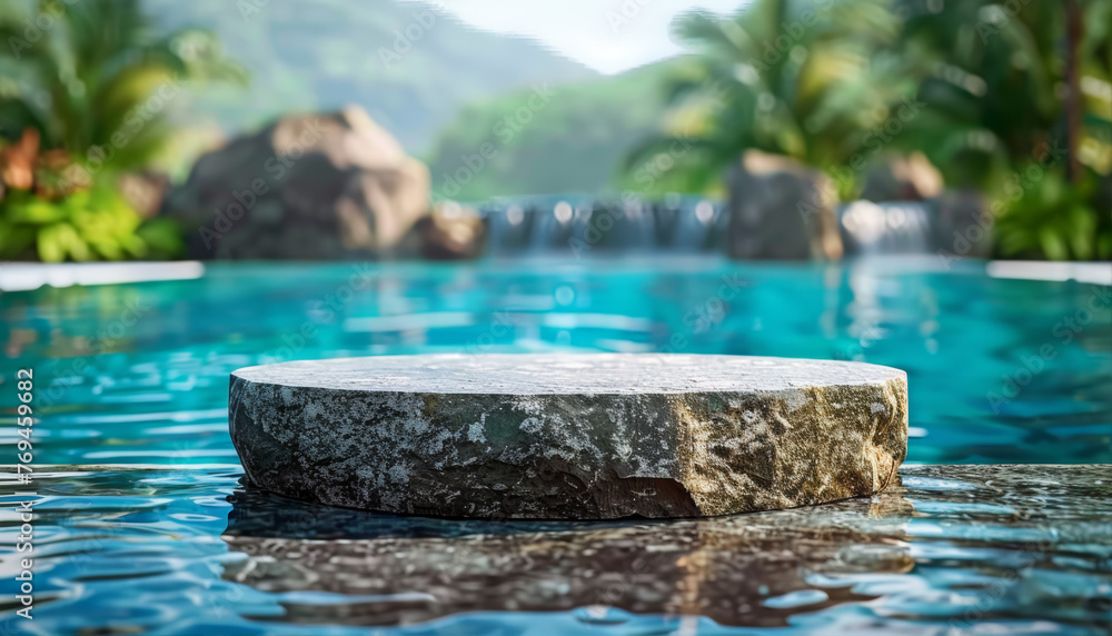 Stone Podium Stand in Luxury Blue Pool Water: Summer Tropical Product Placement Display