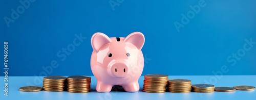 Pink pig piggy bank next to a stack of gold coins, isolated on blue background