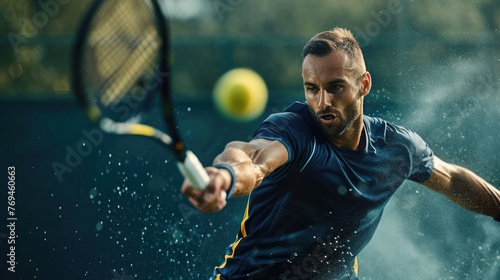 Professional tennis player hitting a tennis ball with his racquet. He has a determined look on his face, and he is clearly focused on the ball. © Ruslan Gilmanshin