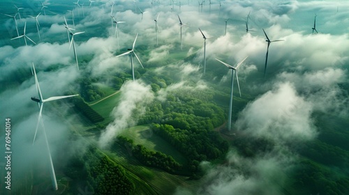 A breathtaking aerial view of a wind farm, with rows of towering turbines harnessing the power of the wind to generate clean, renewable energy. photo