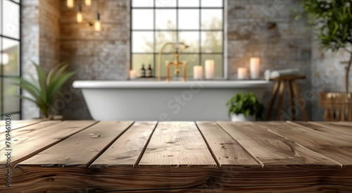 Wooden Tabletop Banner for Bathroom Product Display  Blurred Interior Background