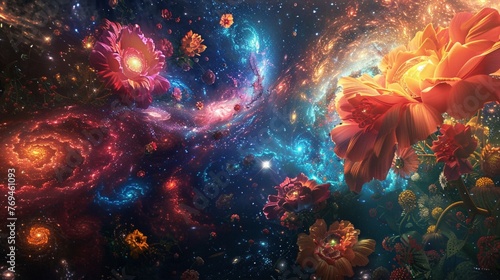 A breathtaking view of a cosmic garden  with vibrant flowers blooming amidst swirling galaxies and radiant star clusters  creating an ethereal oasis in the depths of space.