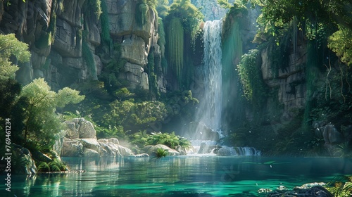 A cascading waterfall plunging into a crystal-clear pool, surrounded by towering cliffs and verdant foliage.