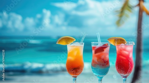 Colorful and refreshing cocktails adorn the beach,creating a lively and indulgent atmosphere The drinks feature a variety of tropical fruits,garnishes,and ice