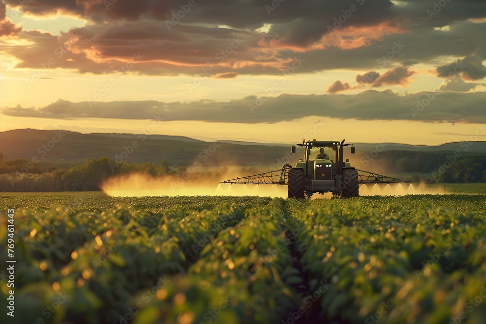 Fototapeta premium Pesticide Spraying on Soybean Crops by Tractor in a Spring Evening. Concept Farming Practices, Pesticide Application, Soybean Crops, Tractor Machinery, Environmental Impact
