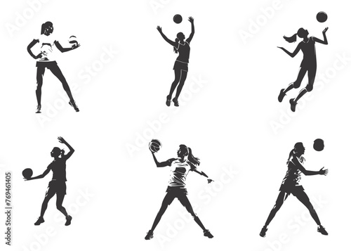 Woman voleyball silhouettes set, woman with voleyball