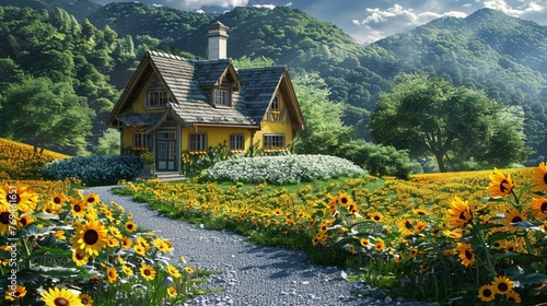 A charming country cottage nestled among rolling hills and fields of blooming sunflowers, with a winding gravel path leading up to the front door.