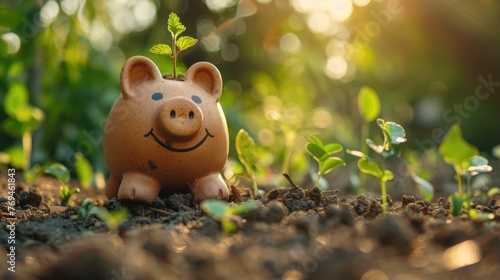 Small ceramic piggy bank nestled amidst lush greenery,symbolizing the concept of saving and investing in a sustainable future The piggy bank,typically associated with financial