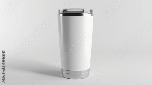 20oz white tumbler with silver trim, product mockup, isolated on solid background