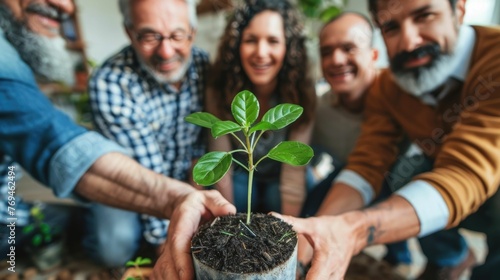Group of diverse business professionals gathered around a sprouting green plant,engaged in a collaborative discussion about eco-friendly strategies and sustainable solutions for their company