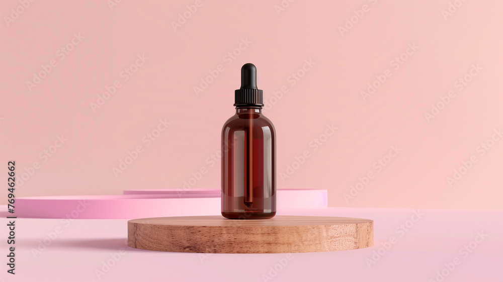 dark brown glass dropper bottle mockup on wood podium with pink background dark brown glass dropper bottle mockup on wood podium with pink background