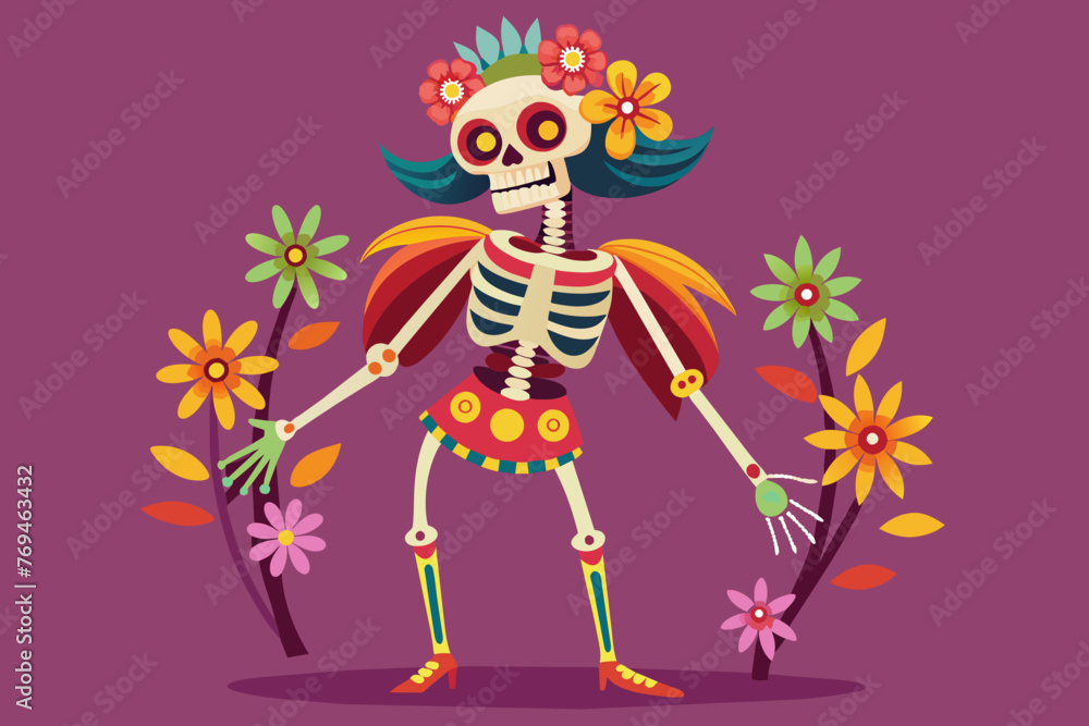 mexican full length skeleton painted with flowers