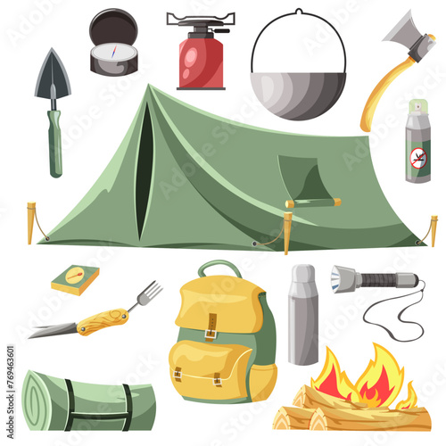 Camping equipment base camp gear and accessories outdoor cartoon travel vector illustration 