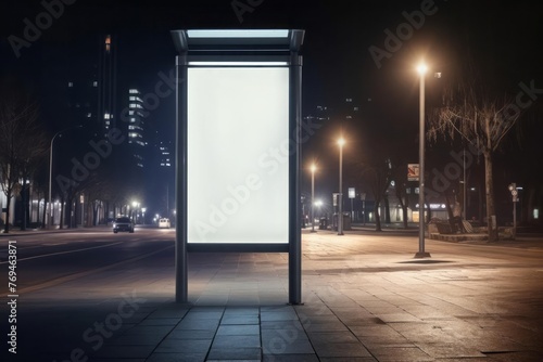 Blank mockup of vertical light box at bus stop at night