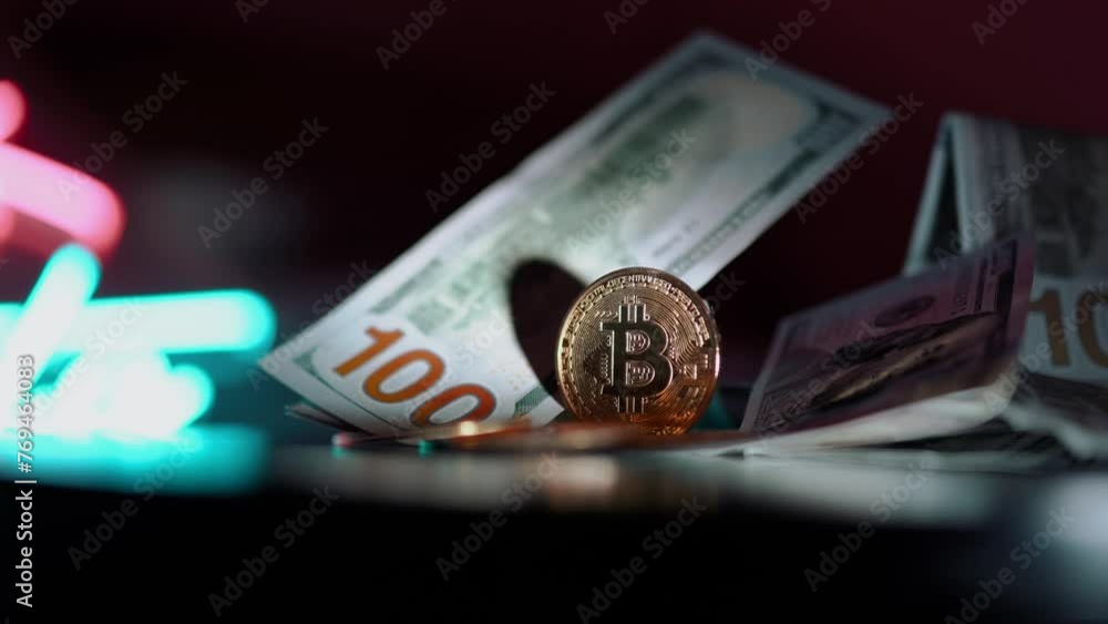 Bitcoin BTC coin and Ethereum ETH coins are rotating with 100 dollars bills. Digital crypto coin and cryptocurrency. Concept of exchange market and online trading. Trading in bull and bear markets Bitcoin BTC coin and Ethereum ETH coins are rotating with 100 dollars bills. Digital crypto coin and cryptocurrency. Concept of exchange market and online trading. Trading in bull and bear markets