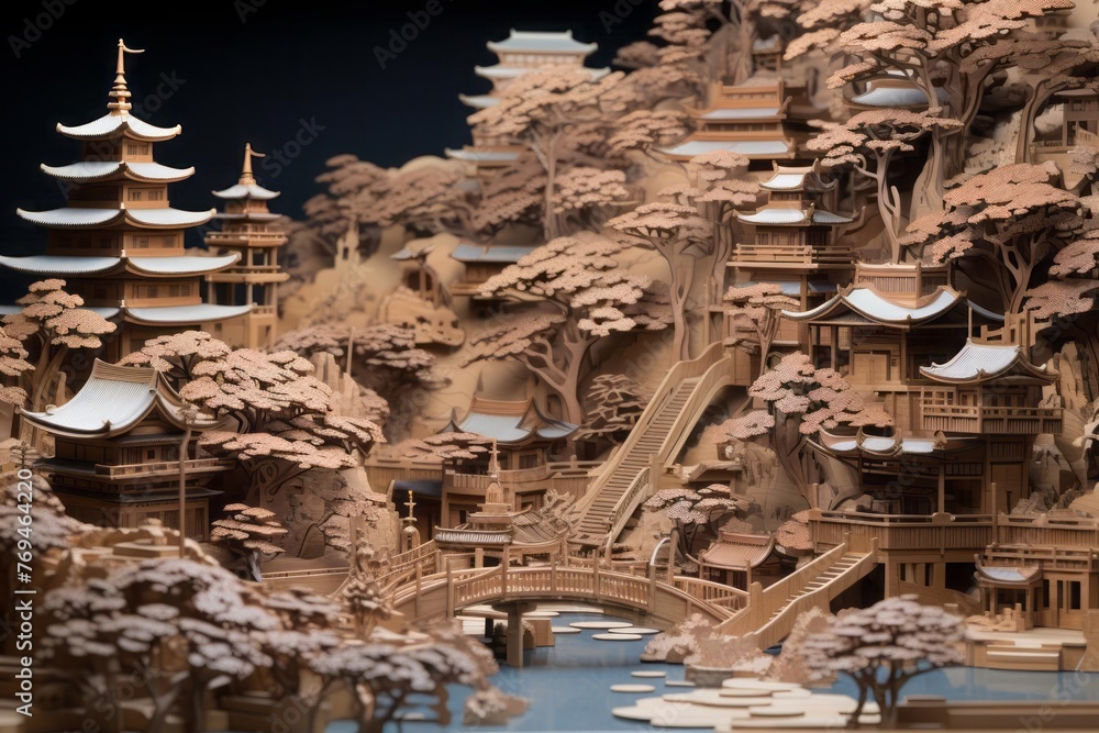 A sculptural representation of city life in Kyoto, Japan, crafted from wood and stone. Cherry blossom trees and traditional tea houses populate the sculpted landscape.
