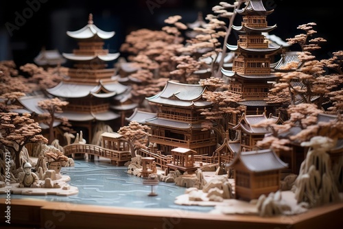 A sculptural representation of city life in Kyoto, Japan, crafted from wood and stone. Cherry blossom trees and traditional tea houses populate the sculpted landscape.