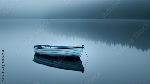 Boat on a misty lake. The boat is white and blue and is sitting calmly on the water. The water is very still and reflects the sky and trees on the shore.