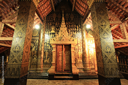 The exquisiteness of the temple front pattern at Wat Sensoukharam (Sensoukharam Temple) Buddhist historic site and Sacred Serenity in Luang Prabang, Laos 