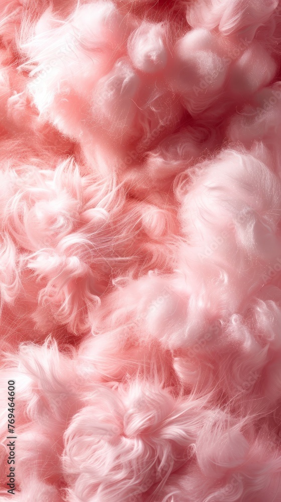 A detailed view of soft and fluffy pink material resembling cotton candy, creating a textured backdrop or wallpaper A detailed view of soft and fluffy pink material resembling cotton candy, creating a textured backdrop or wallpaper