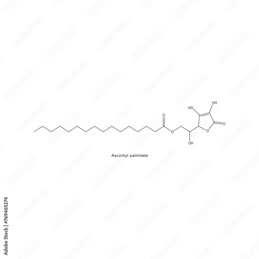 Ascorbyl palmitate skeletal structure diagram.Vitamin C derivative compound molecule scientific illustration on white background. Ascorbyl palmitate skeletal structure diagram.Vitamin C derivative compound molecule scientific illustration on white background.