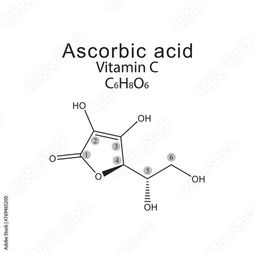 Ascorbic acid skeletal formula with carbon numbering diagram. Scientific illustration.