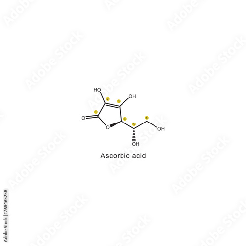 Ascorbic acid skeletal formula with carbon numbering diagram. Scientific illustration.