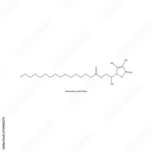 Ascorbyl palmitate skeletal structure diagram.Vitamin C derivative compound molecule scientific illustration on white background.