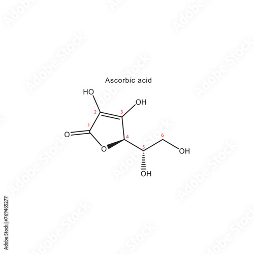 Ascorbic acid skeletal formula with carbon numbering diagram. Scientific illustration.